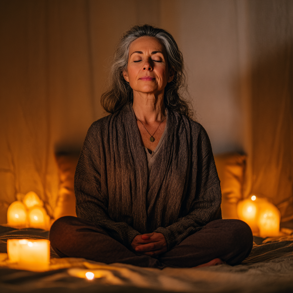 51 years old woman in comfortable meditation pose surrounded by soft candlelight