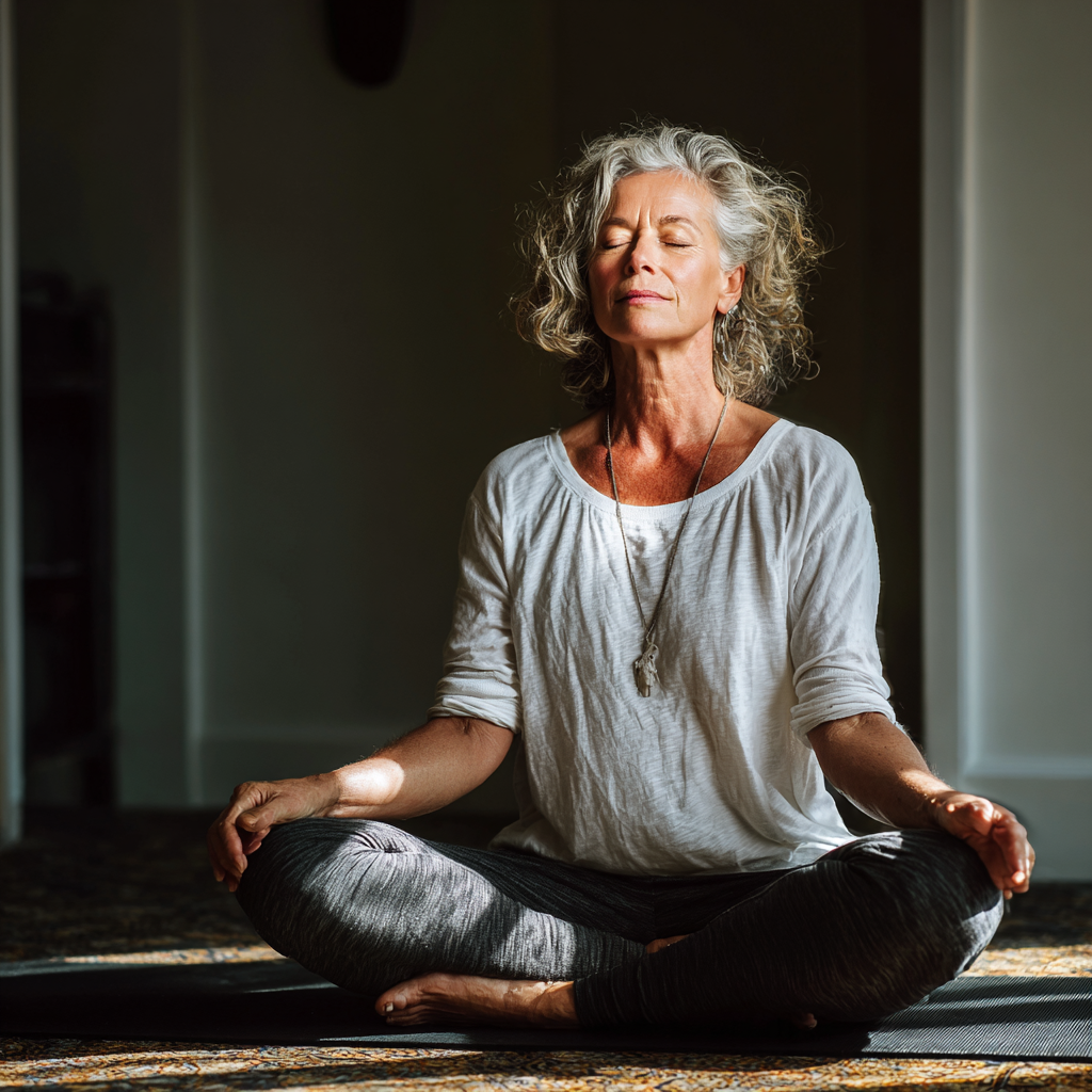 52 years old experiencing deep relaxation and emotional balance during yoga practice