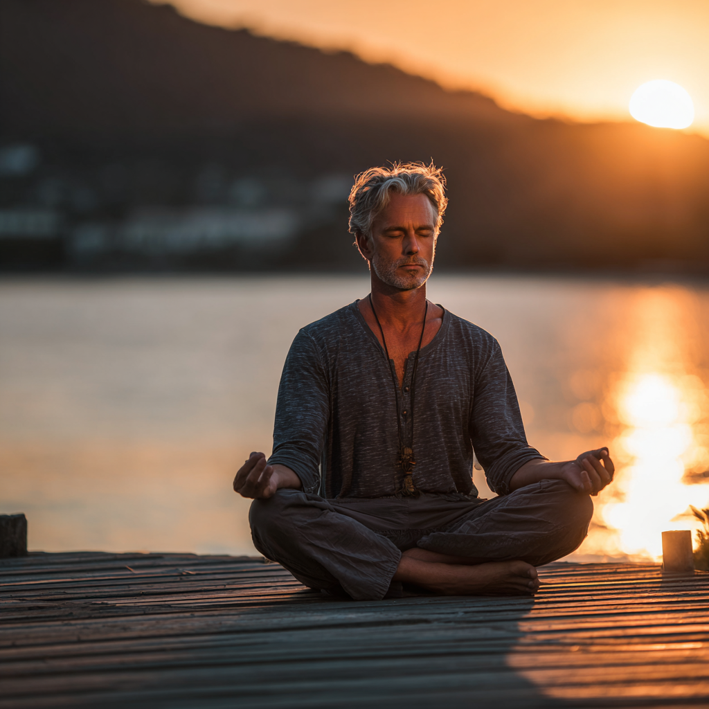 Peaceful 50 years old practicing morning yoga meditation in serene natural setting